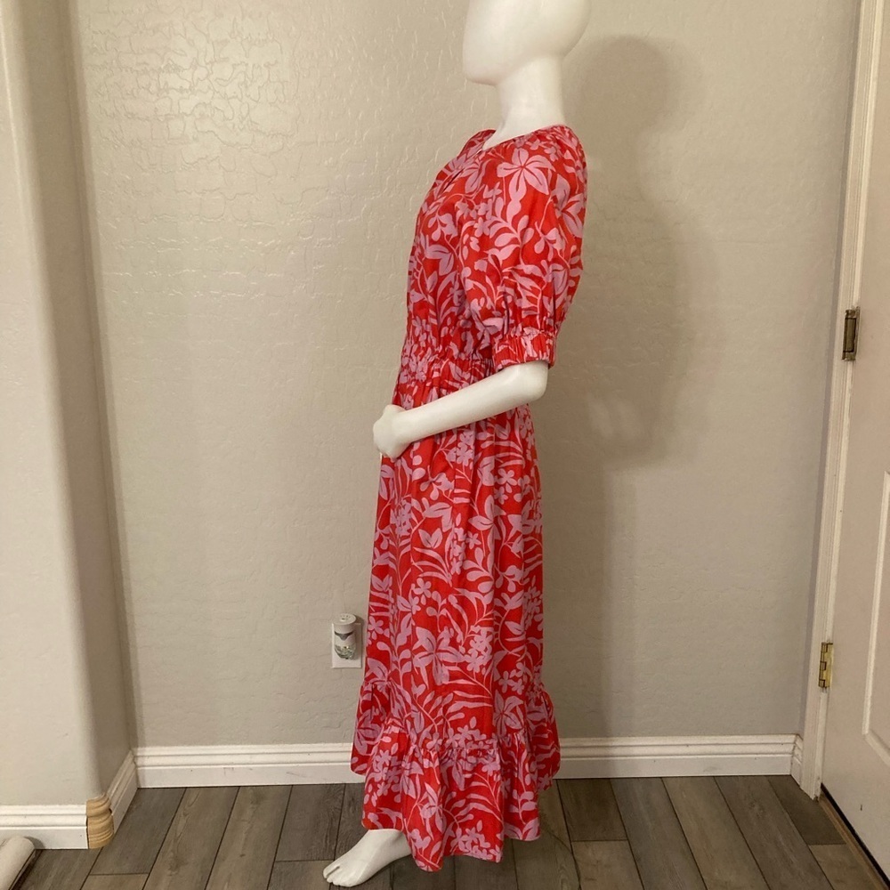 Voyageur By Mersea Hedy Tropical Floral Vine Puff Sleeve Tiered Midi Dress Sz M - Picture 10 of 15